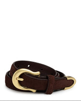 Brown belt with a gold buckle on a white background