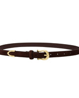 Brown leather belt with a gold buckle on a white background
