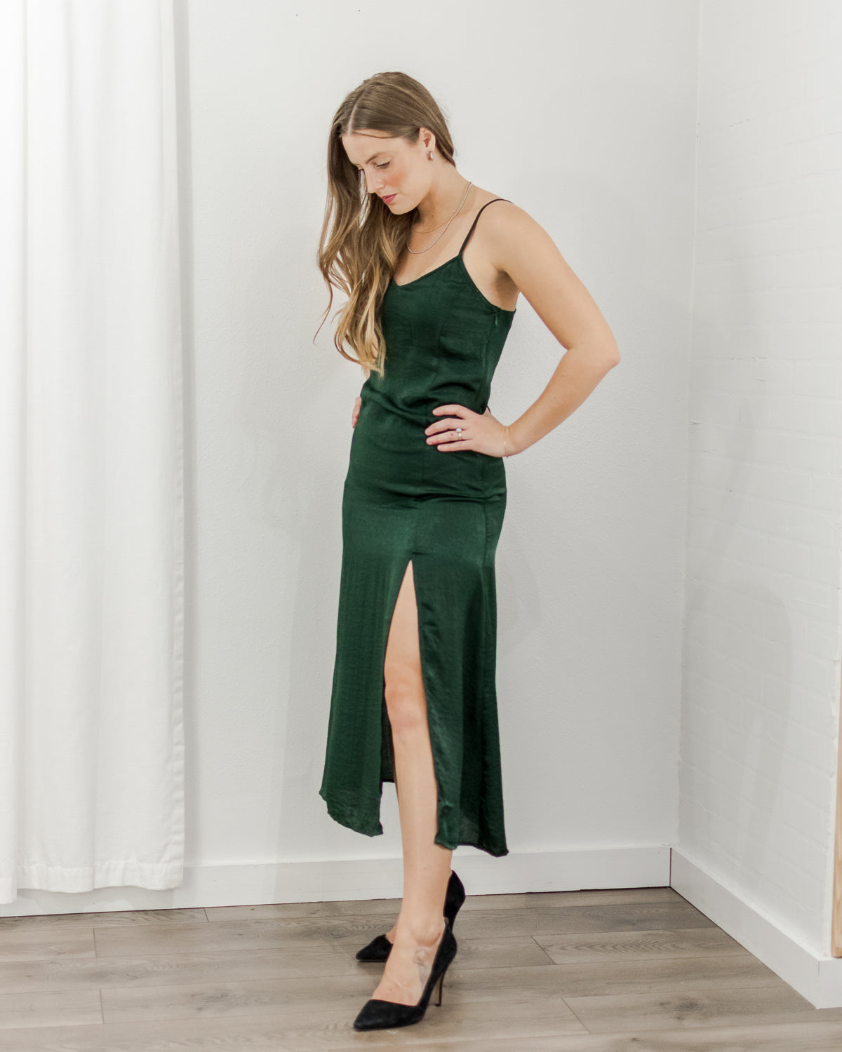 knee length dresses for ladies San antonio satin midi dress emerald green main image 0