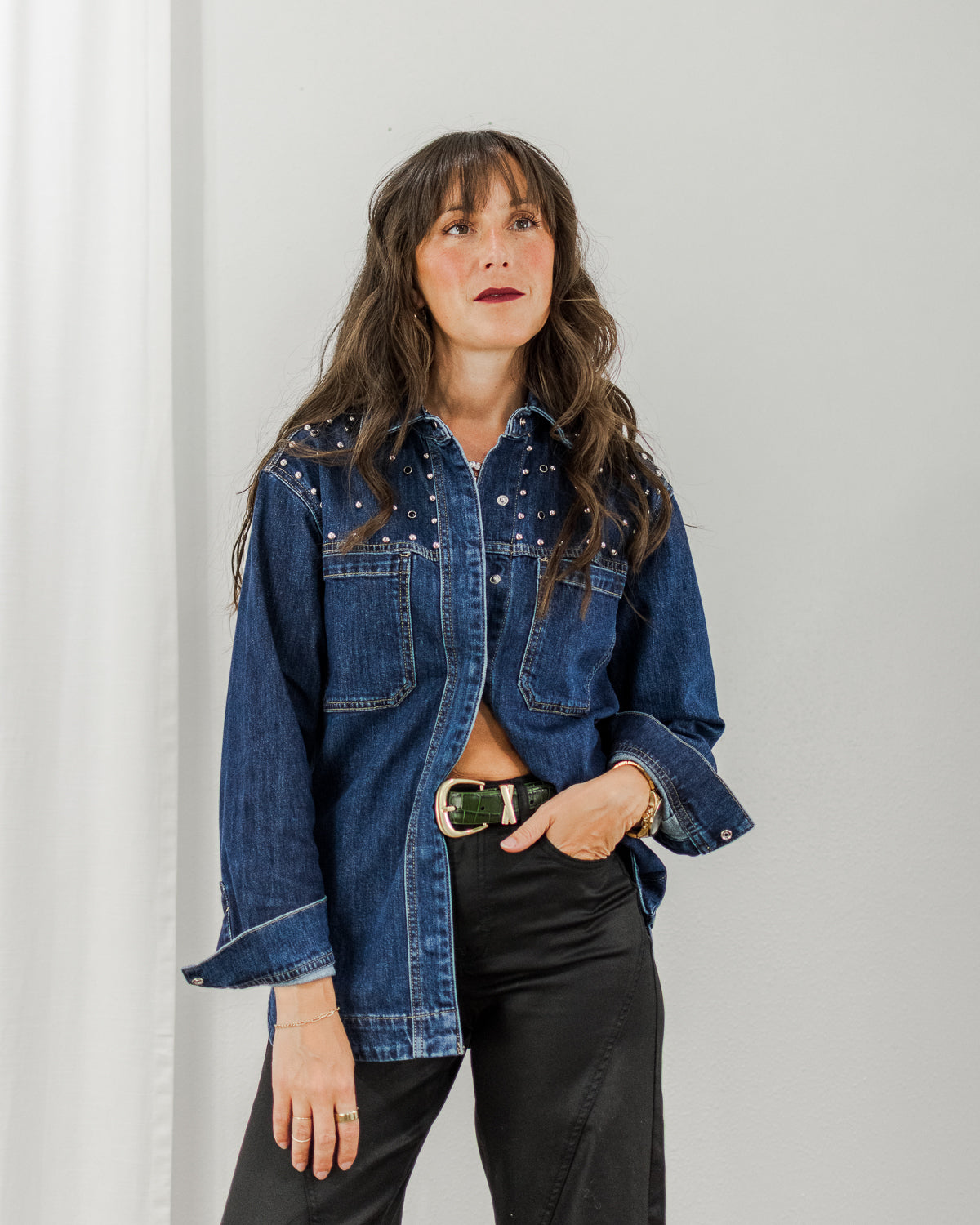 Women's Studded Denim Medium Wash Jean Jacket | CoCapsules