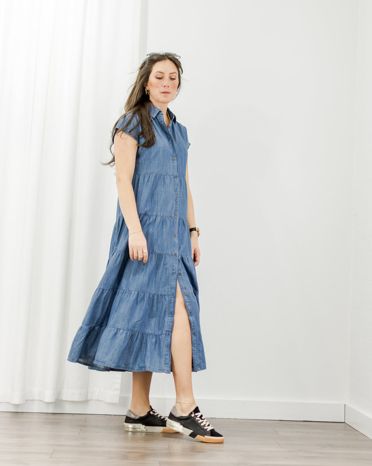 Women's Blue Chambray Tiered Dress