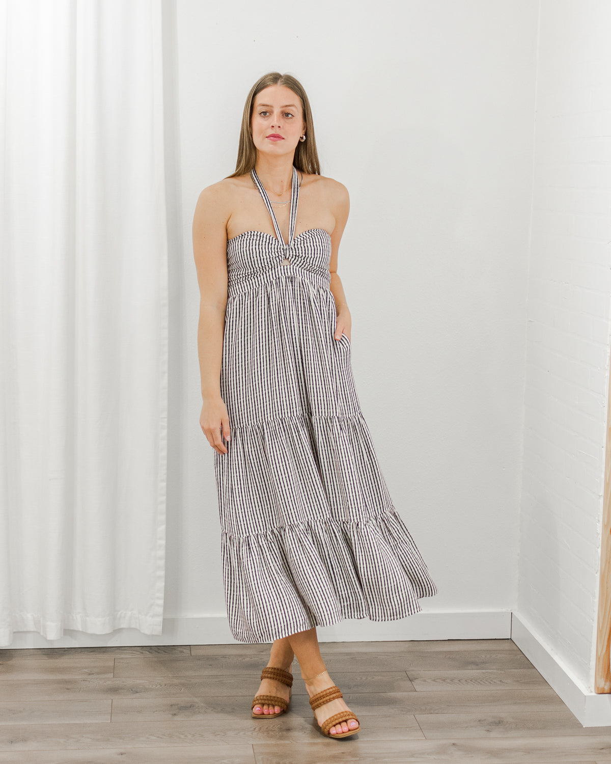 Women's Black and White Stripe Camden Midi Dress | CoCapsules Women's Black and White Stripe Camden Midi Dress | CoCapsules