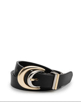 Black belt with a silver and gold buckle on a white background
