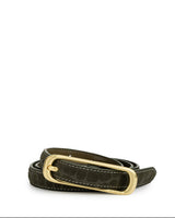 olive green croc leather belt with a gold buckle on a white background