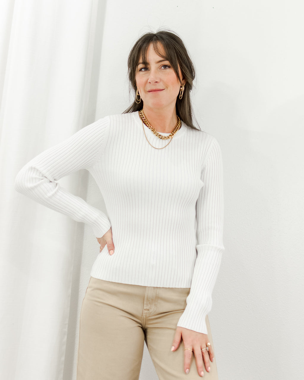 Women's Ribbed White Long Sleeve Sweater Top