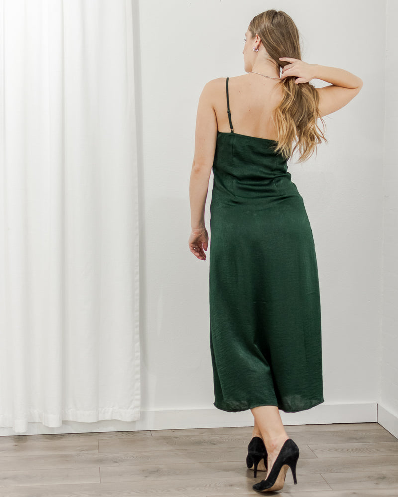crushed satin dress Women's Dark Green Crushed Satin Dress