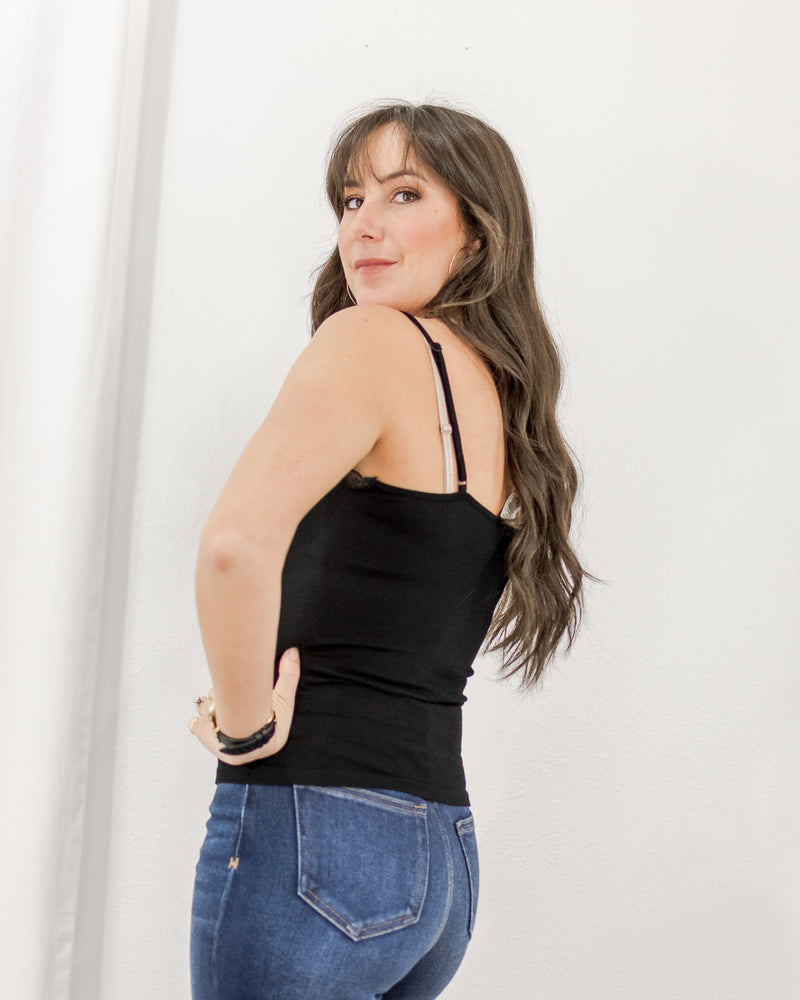 Ribbed Lace Cami - Black