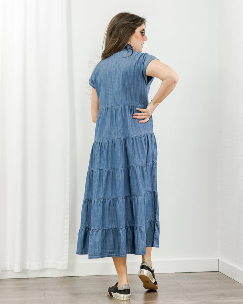 Women's Blue Chambray Tiered Dress | CoCapsules Women's Blue Chambray Tiered Dress | CoCapsules