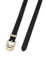Black belt with a silver and gold buckle on a white background