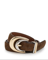 Brown belt with a silver and gold buckle on a white background