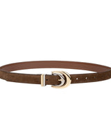 Brown belt with a silver and gold buckle on a white background